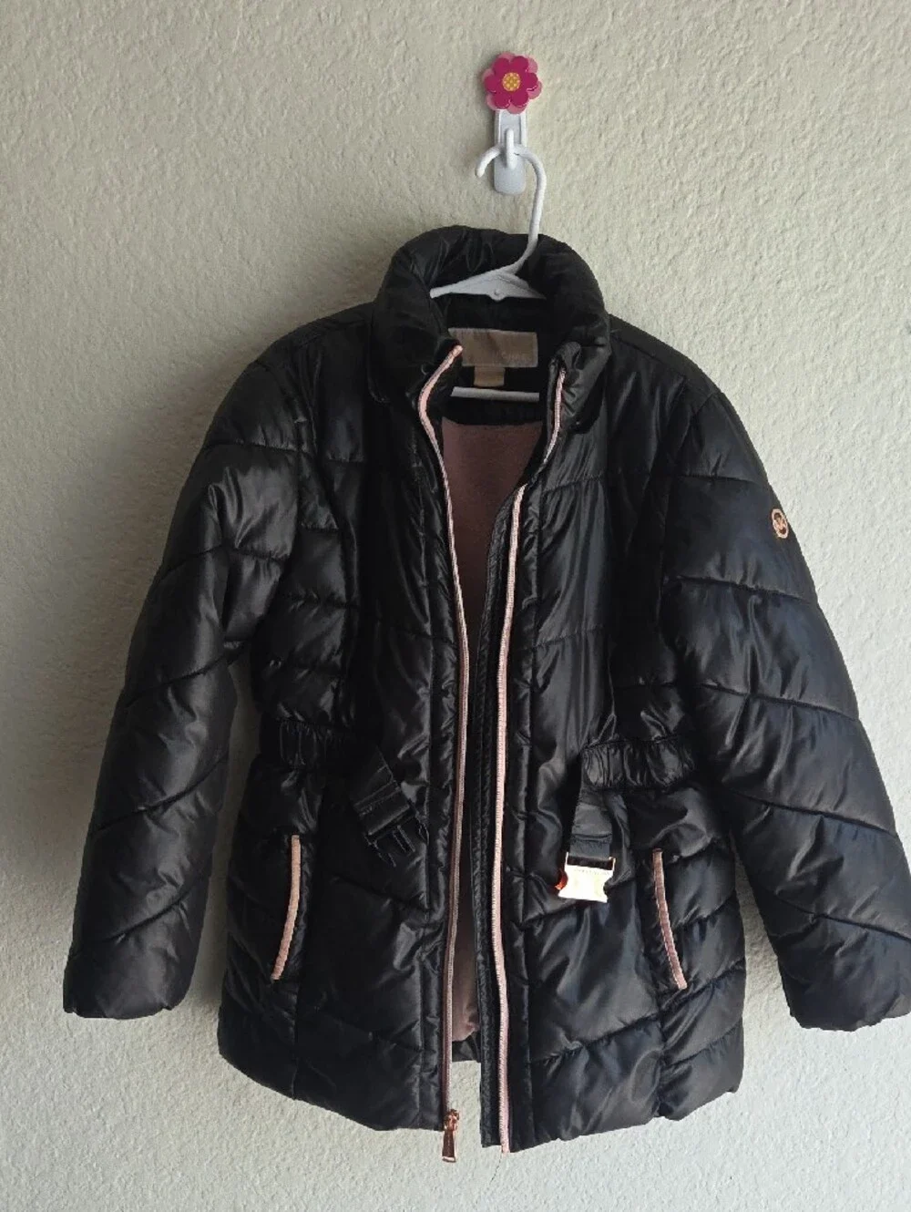 Michael Kors Black Puffer Coat with Pink Faux-Fur Hood Trim